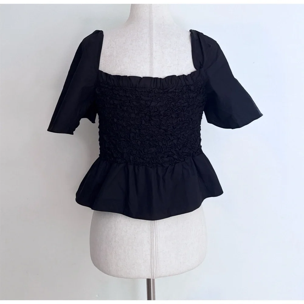 NWT Anthropologie x Mare Mare Bow-Front Tied Bows Blqck Smocked Peplum Blouse S‌